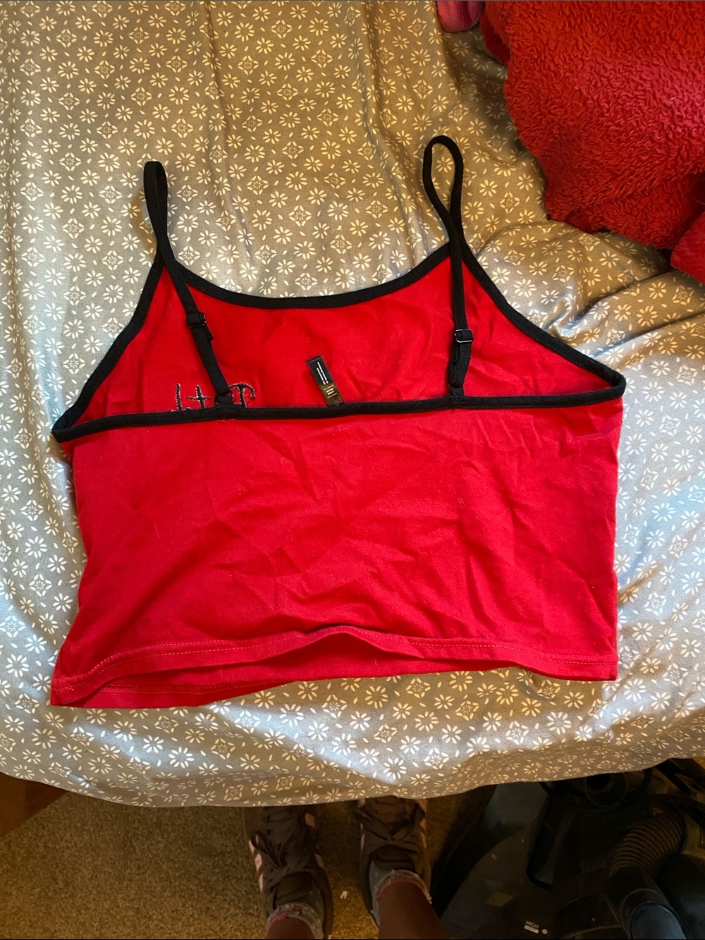 Red Crop Tank Top with Embroidered Script - Picture 2 of 3